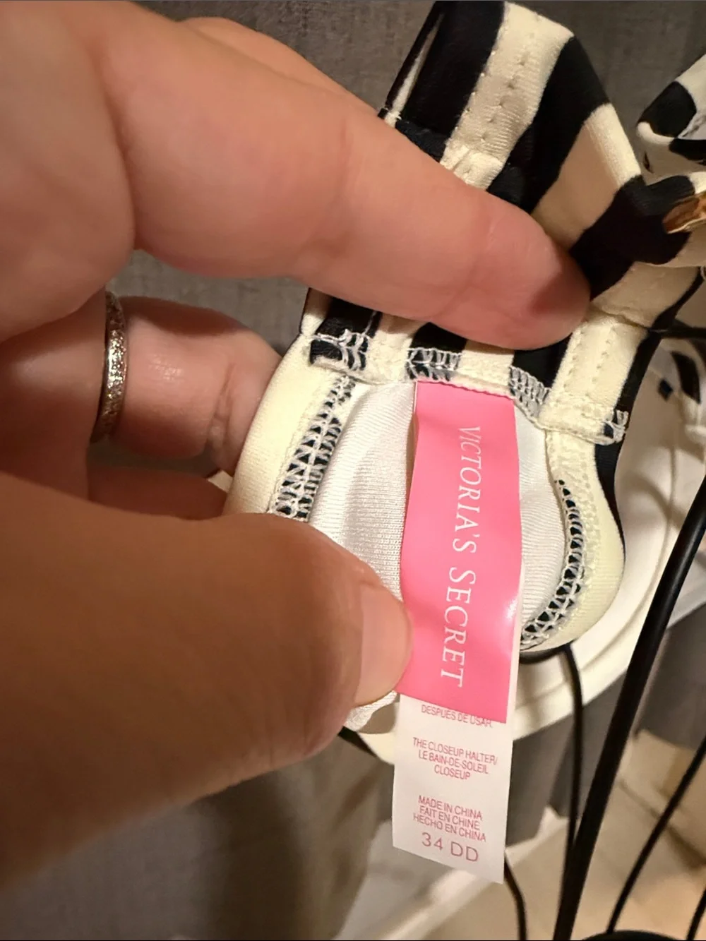 Victoria's Secret Black & White Striped Halter Bikini Top 34 DD